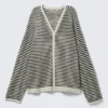 Loose Knitted V-Neck Cardigan – White & Dark Grey Stripes
