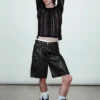 Loose Low Rise Coated Denim Shorts – Black
