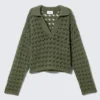 Loose Open-Knit Sweater – Dark Khaki Green