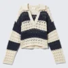 Loose Open-Knit Sweater – White & Dark Blue Stripe