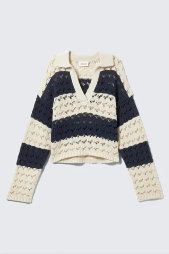 Loose Open-Knit Sweater – White & Dark Blue Stripe