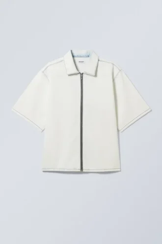 Loose Short Sleeve Denim Zip Shirt – Blotch Blue