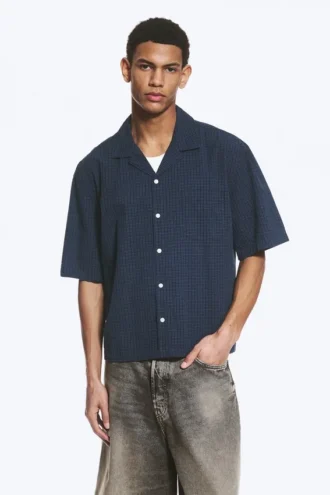 Loose Short-Sleeved Resort Shirt – Checked Dark Blue
