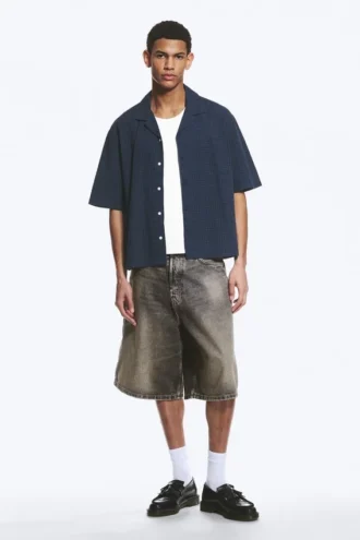 Loose Short-Sleeved Resort Shirt – Checked Dark Blue