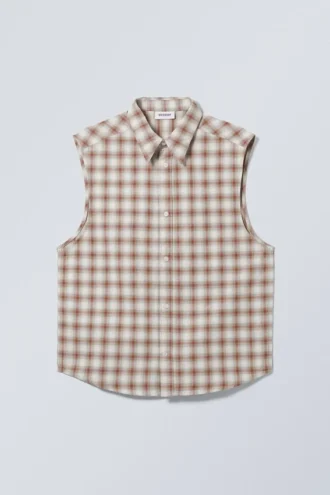 Loose Sleeveless Shirt – Beige Check