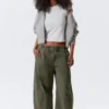 Low Rise Baggy Washed Canvas Trousers – Washed Dark Khaki Green