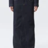 Low Rise Fitted Denim Maxi Skirt – Blue Rinse – Dark Blue