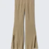 Low Rise Flared Crinkled Trousers – Beige