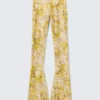 Low Rise Flared Stretch Trousers – Light Yellow – Floral