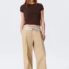 Low Rise Folded Waist Twill Trousers – Beige