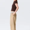 Low Rise Folded Waist Twill Trousers – Beige