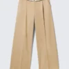 Low Rise Folded Waist Twill Trousers – Beige
