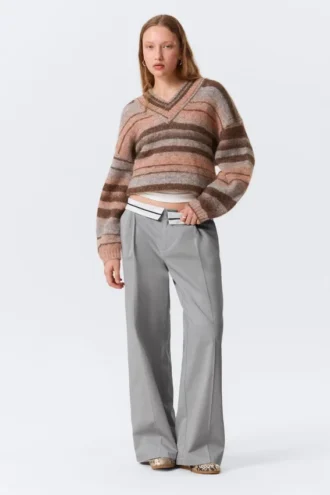 Low Rise Folded Waist Twill Trousers – Grey