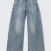 Low Rise Loose Fit Denim Joggers – Torn Blue – Medium Blue
