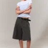 Low Rise Loose Pleated Suiting Shorts – Dark Grey – Herringbone
