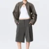Low Rise Loose Pleated Suiting Shorts – Dark Grey – Herringbone
