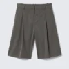 Low Rise Loose Pleated Suiting Shorts – Dark Grey – Herringbone