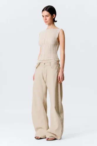 Low Rise Loose Studded Balloon Trousers – Beige