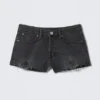 Low Rise Raw Hem Mini Denim Shorts – Smoky Blue – Dark Blue