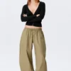 Low Rise Ruched Drawstring Trousers – Light Khaki Green