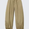 Low Rise Ruched Drawstring Trousers – Light Khaki Green