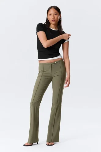 Low Rise Skinny Flared Leg Trousers – Dark Khaki Green