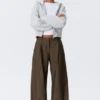 Low Waist Wide Suiting Trousers – Dark Mole – Pinstripe