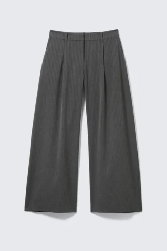 Low Waist Wide Suiting Trousers – Pinstriped Grey Melange