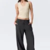 Low-Waisted Loose Fit Suit Trousers – Pinstriped Dark Grey