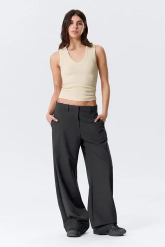 Low-Waisted Loose Fit Suit Trousers – Pinstriped Dark Grey