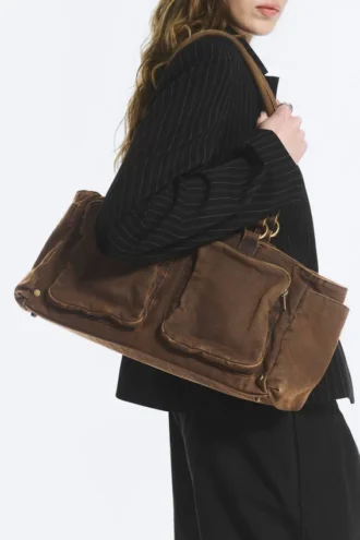 Medium Shoulder Bag with Pockets – Dark Khaki Green