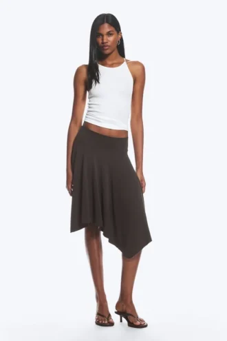 Mid Rise Asymmetric Jersey Skirt – Dark Brown