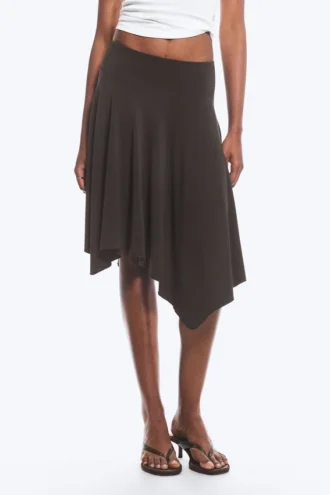 Mid Rise Asymmetric Jersey Skirt – Dark Brown
