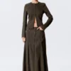 Mid-Rise Frayed Pleated Maxi Skirt – Dark Grey