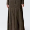 Mid-Rise Frayed Pleated Maxi Skirt – Dark Grey
