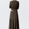 Mid-Rise Frayed Pleated Maxi Skirt – Dark Grey