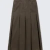 Mid-Rise Frayed Pleated Maxi Skirt – Dark Grey