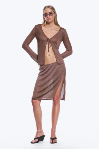 Mid Rise Knitted Midi Skirt – Brown
