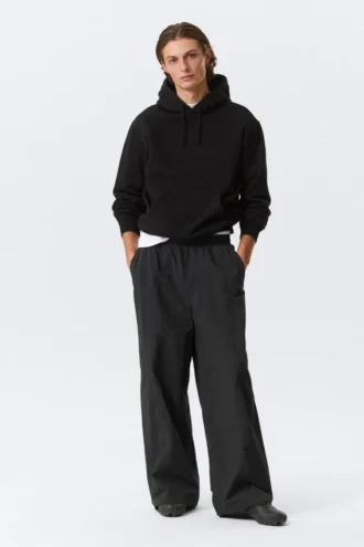 Mid Rise Loose Baggy Leg Nylon Trousers – Black