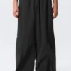 Mid Rise Loose Baggy Leg Nylon Trousers – Black