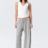 Mid Rise Loose Wide Leg Lyocell Trousers – White – Grey Stripes