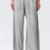 Mid Rise Loose Wide Leg Lyocell Trousers – White – Grey Stripes