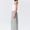 Mid Rise Loose Wide Leg Lyocell Trousers – White – Grey Stripes