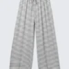 Mid Rise Loose Wide Leg Lyocell Trousers – White – Grey Stripes