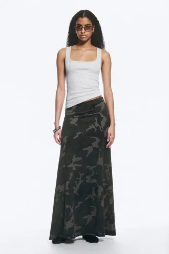 Mid Rise Printed Maxi Skirt – Khaki Green – Camouflage