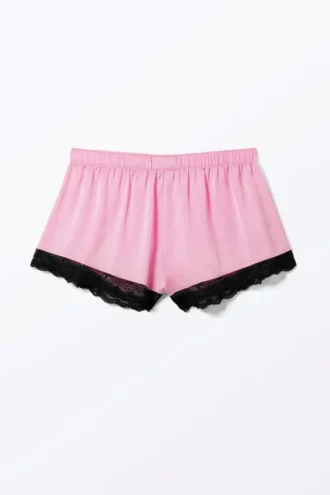 Mini Lace Satin Shorts – Pink – Black Lace