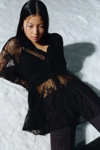 Mini Lace Shirt Dress – Black