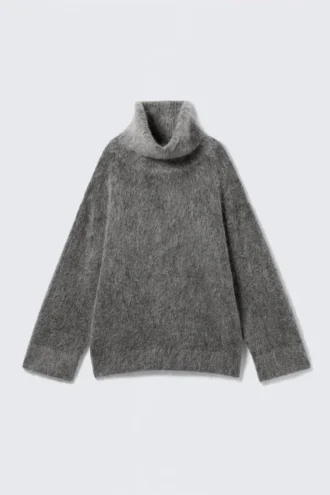 Mohair-Blend Funnel Neck Sweater – Dark Grey Melange