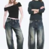 Nebula Mid Rise Loose Barrel Leg Unisex Jeans – Laser Blue – Medium Blue