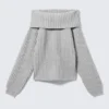 Off-Shoulder Ribbed Knitted Sweater – Grey Melange